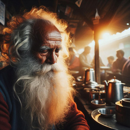 Old man with long beard and mustache in turkish coffee shop at morningの素材