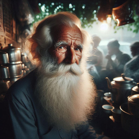 Portrait of an old man with a long white beard in a turkish tea shopの素材