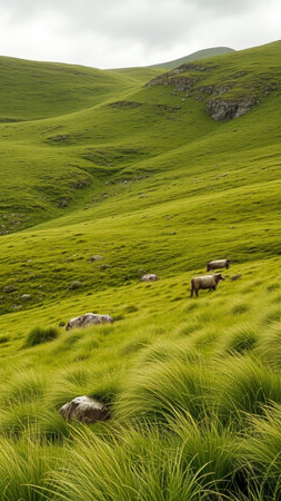 Sheep grazing on a green grassy meadow in the mountainsの素材