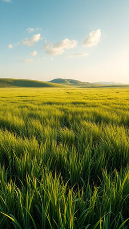 Beautiful green rice field in the morning light with blue sky backgroundの素材