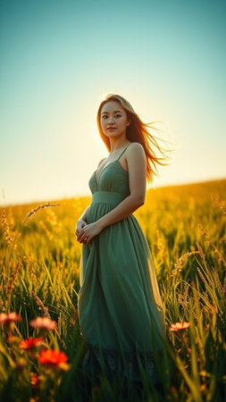 Beautiful pregnant woman in green dress on the field at sunset.の素材