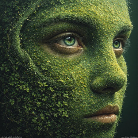 Fantasy portrait of a green alien girl with green eyes. 3d renderingの素材