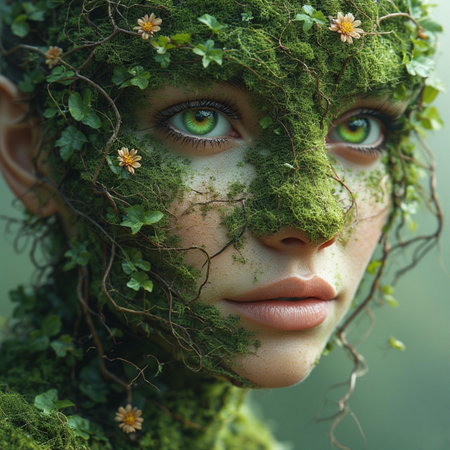 Fantasy woman with green moss on her face. Green forest.の素材