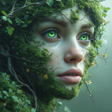 Fantasy portrait of young woman with green moss on her face.の素材