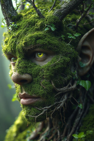 Fantasy man with green moss on his face. Fantasy forest.の素材