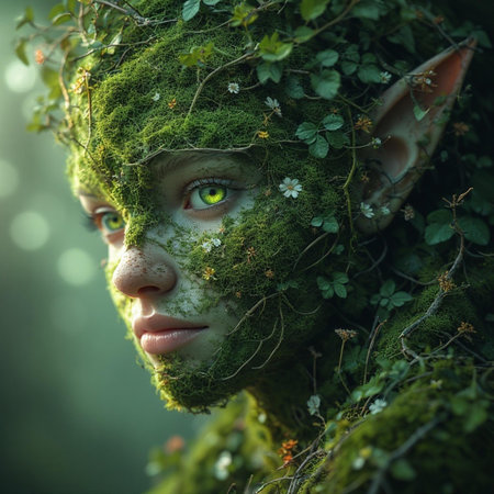 Fantasy portrait of a woman with green moss on her face.の素材