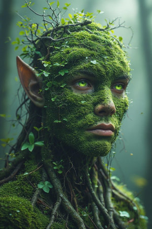 Fantasy forest elf with green moss on her face. Halloween concept.の素材
