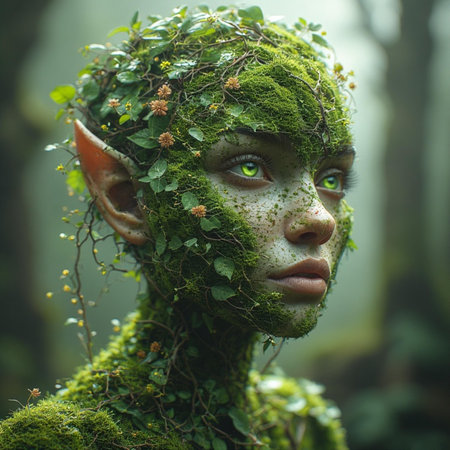Fantasy portrait of a woman with green moss on her face.の素材