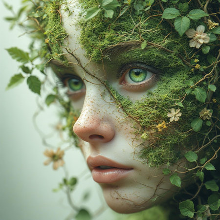 Beautiful young woman with green moss on her face. Fantasy forest.の素材