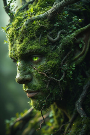 Portrait of a man with green moss on his face in the forestの素材