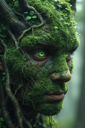 Fairy forest with green moss in the face of a man.の素材