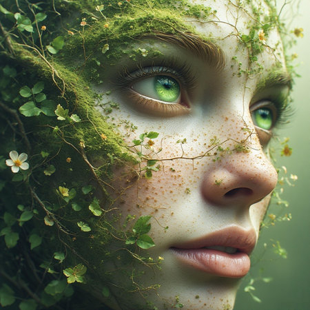 Beautiful young woman with green moss on her face. Natural beauty concept.の素材