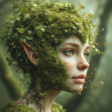 Beautiful young woman with green moss on her face. Fantasy forest.の素材