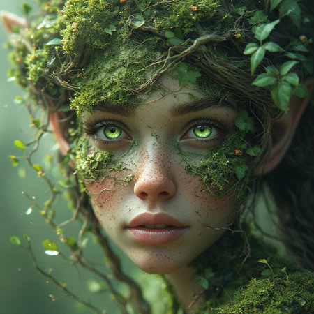 Fantasy portrait of young woman with green moss on her face.の素材