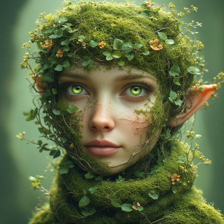 Fantasy portrait of a girl with green moss on her face.の素材