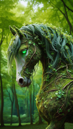 Fantasy green fairy tale horse in the forest. 3d renderingの素材