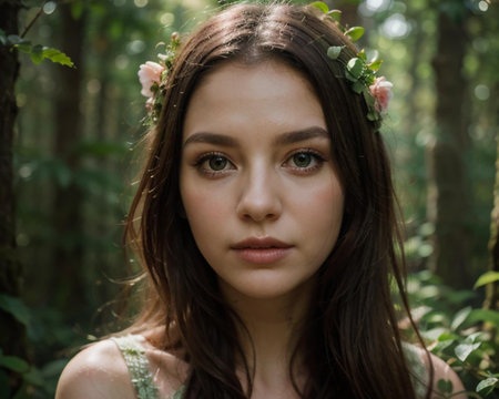 Portrait of a beautiful young brunette woman with flowers in her hairの素材