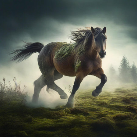 Horse running in the misty forest. Fantasy landscape with horseの素材