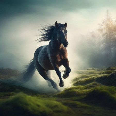Horse running in the foggy meadow. Fantasy style.の素材