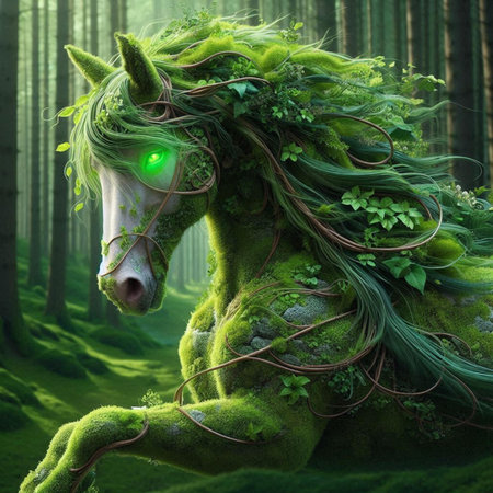 Fantasy green fairy tale unicorn in fantasy forest. 3D renderingの素材