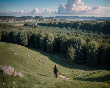 A young man walking on the top of a hill in the countrysideの素材
