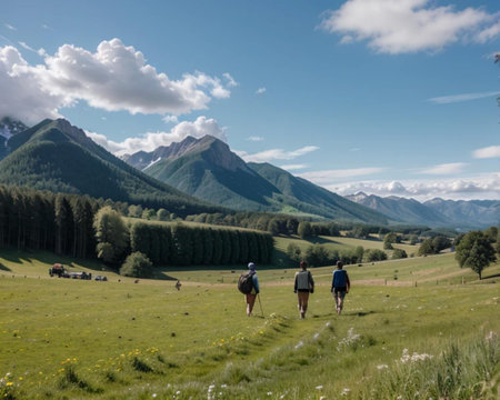 Couple of hikers walking on the grassland in the Swiss Alpsの素材