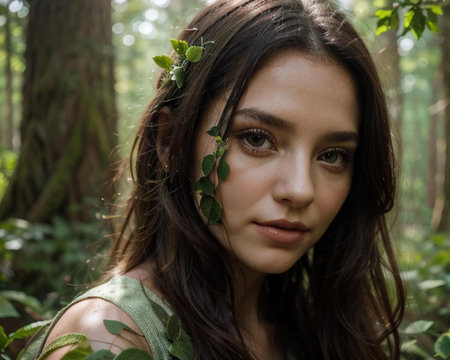 Portrait of a beautiful young woman with green leaves in her hairの素材