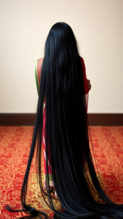 Back view of Asian woman with long black hair in the room.の素材