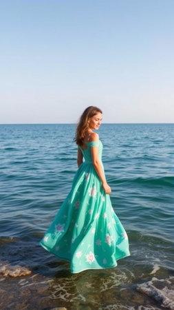 Beautiful spring landscape with meadow and blue sky with clouds.の素材
