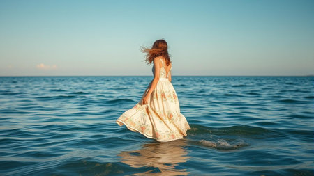 Beautiful woman in a long dress swims in the sea.の素材