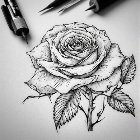 Beautiful hand drawn rose and pen on white background. Black and white.の素材