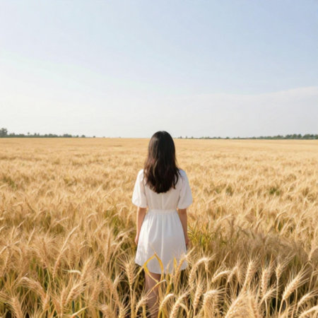 Beautiful young woman in white dress standing in golden wheat field.の素材