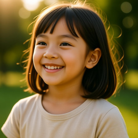 Portrait of a cute asian little girl smiling at the camera outdoorsの素材