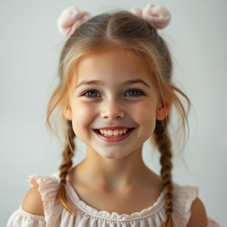 Portrait of a little girl with pigtails on a white backgroundの素材