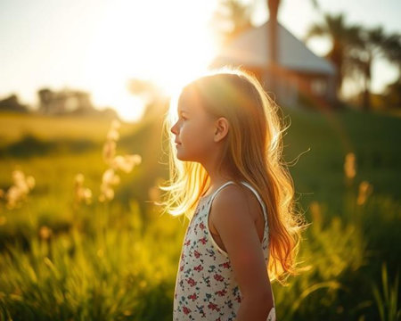 Portrait of a cute little girl with long blond hair in a field at sunsetの素材