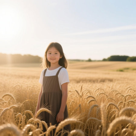 Cute little girl in wheat field at sunset, shallow depth of fieldの素材