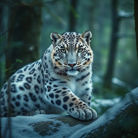 Snow leopard (Panthera pardus) in the forestの素材