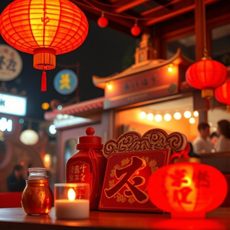 chinese lanterns in chinese temple, closeup of photoの素材