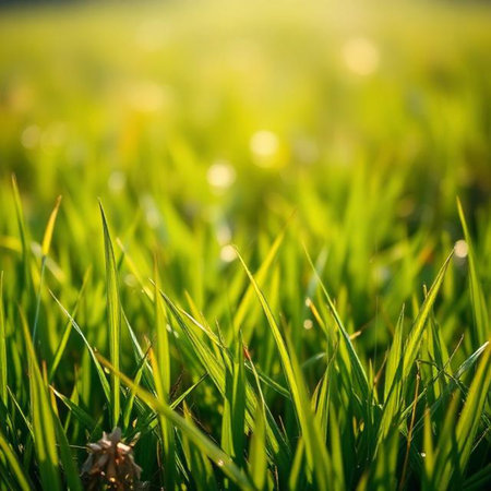 Close up of fresh green grass with bokeh light background.の素材