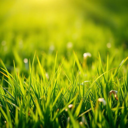 Green grass in the morning sunlight. Nature background. Selective focus.の素材