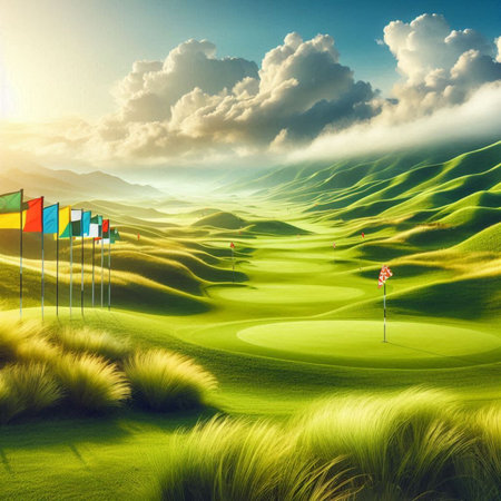 Golf course with sand dunes and flag. 3d renderの素材