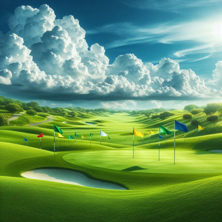 Golf course with green field and blue sky. 3d renderの素材