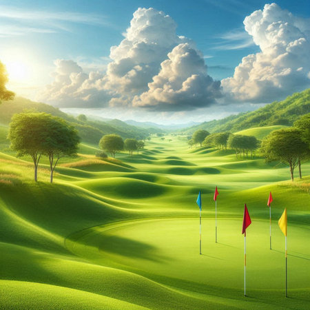 Beautiful landscape of golf course with green grass and blue sky.の素材