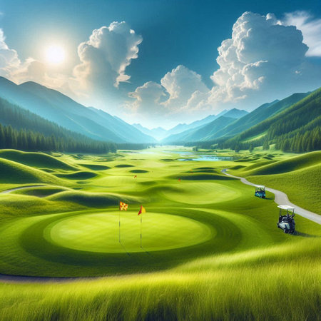 Beautiful golf course in the mountains. Landscape with green grass and blue skyの素材