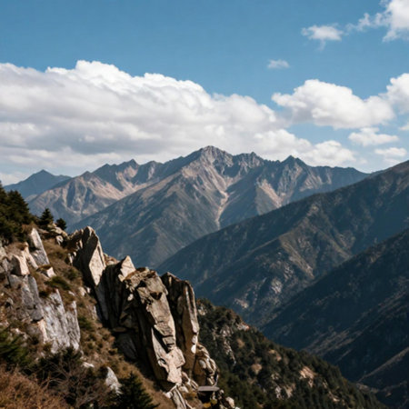 Mountain landscape with rocks and clear blue sky with white clouds.の素材