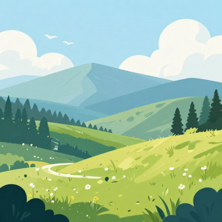 Landscape with mountains and meadow. Hand drawn vector illustration.の素材