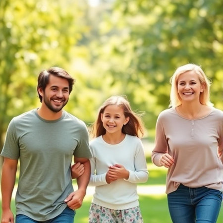 family, childhood, leisure and people concept - smiling family with two kids walking in parkの素材