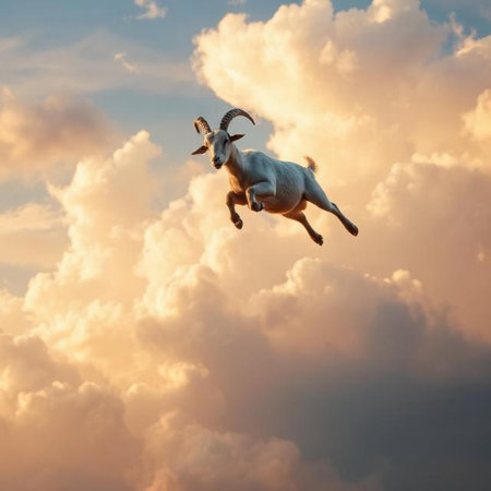 Goat flying in the blue sky with clouds at sunset. Animal conceptの素材
