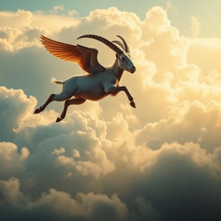 Goat flying in the sky. 3D illustration. Conceptual image.の素材