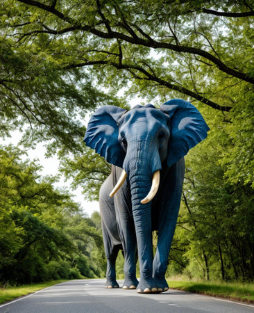 Elephant statue in the middle of a road in the forest.の素材